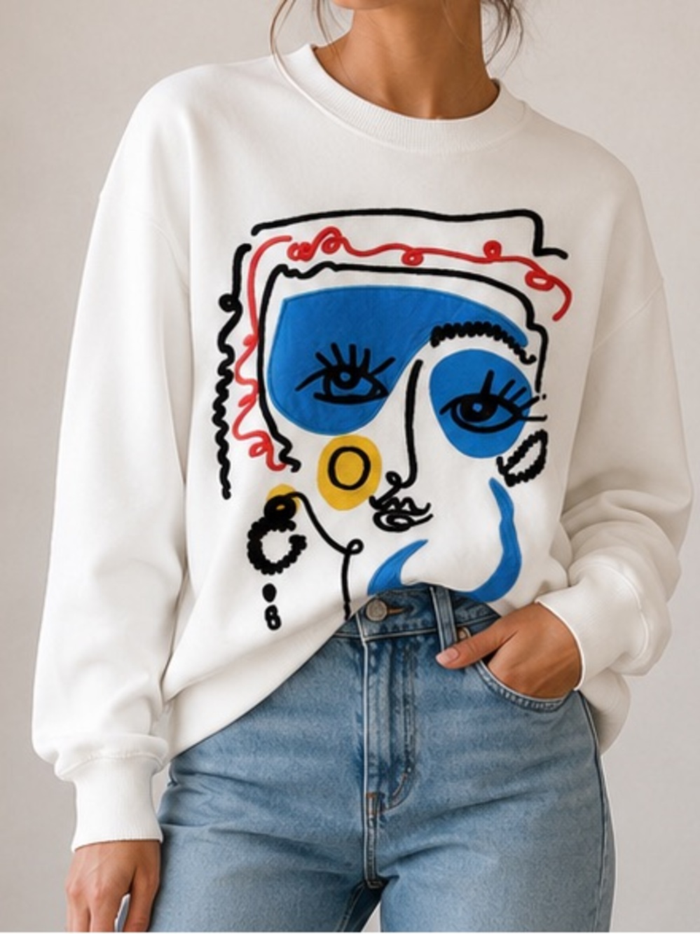 Zara 100% cotton White Sweatshirt with Abstract Blue‎ & Red Face Art S